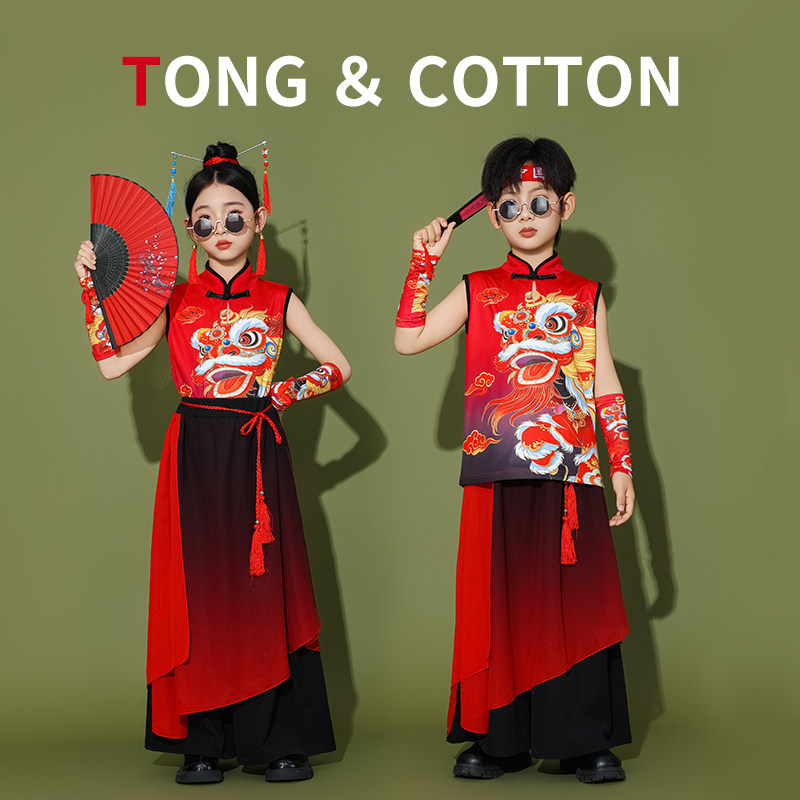 儿童中国风舞狮演出服男女童打鼓古典舞爵士舞表演服装国潮风套装