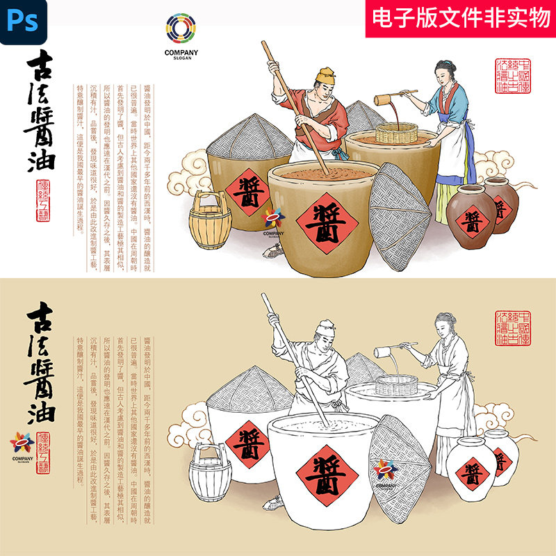 传统酱油酿造插画酱油酿造手绘插画古代人物老北京老字号古法素材