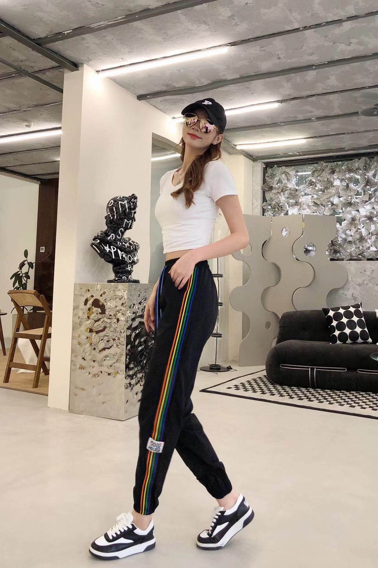 彩虹清凉裤条纹休闲速干裤女夏韩版冰裤束脚运动裤高腰九分哈伦