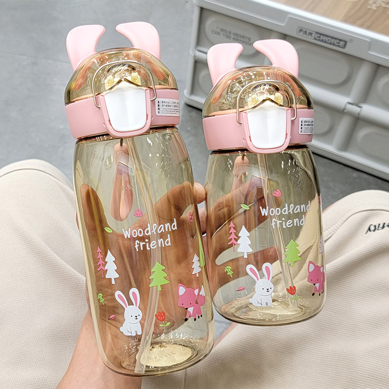 学生可爱水杯女高颜值带吸管杯夏季提绳塑料便携学生少女防摔杯子