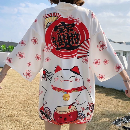 Real price real photo of Chinese style improved literature and art Zhaocai cat pattern sunscreen loose cardigan kimono coat