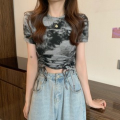 Real price real shot summer light mature design graffiti tie dye tie rope short slim versatile elastic short sleeve