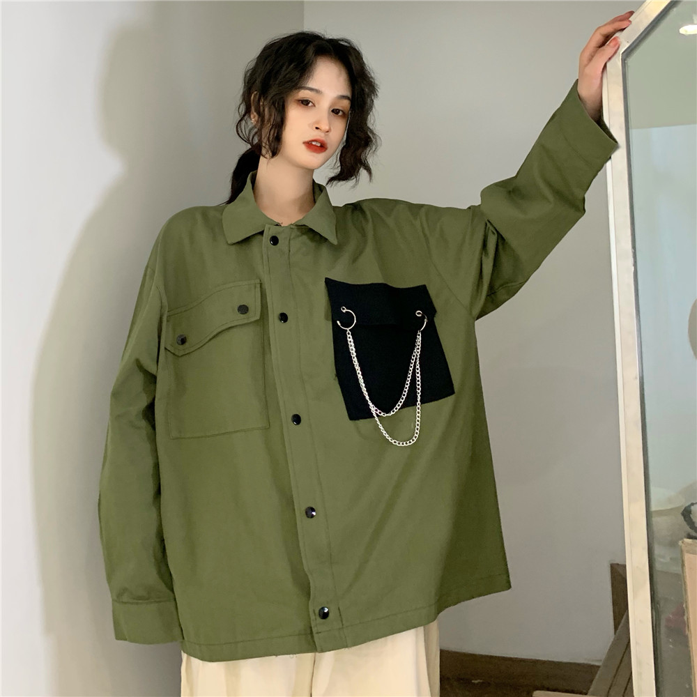 Real shot real price Korean version ins cool loose color contrast zipper shirt frock coat men's and women's cardigan