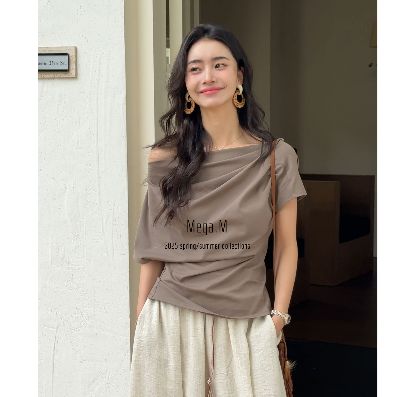 PRISCA 十三行极简宽松高智感一字肩多色上衣T恤纯棉法式露肩短袖