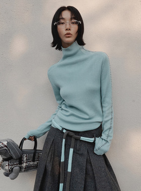 UNITY MODE设计感手工缝线高领羊毛毛衣女冬季撞色打底内搭针织衫