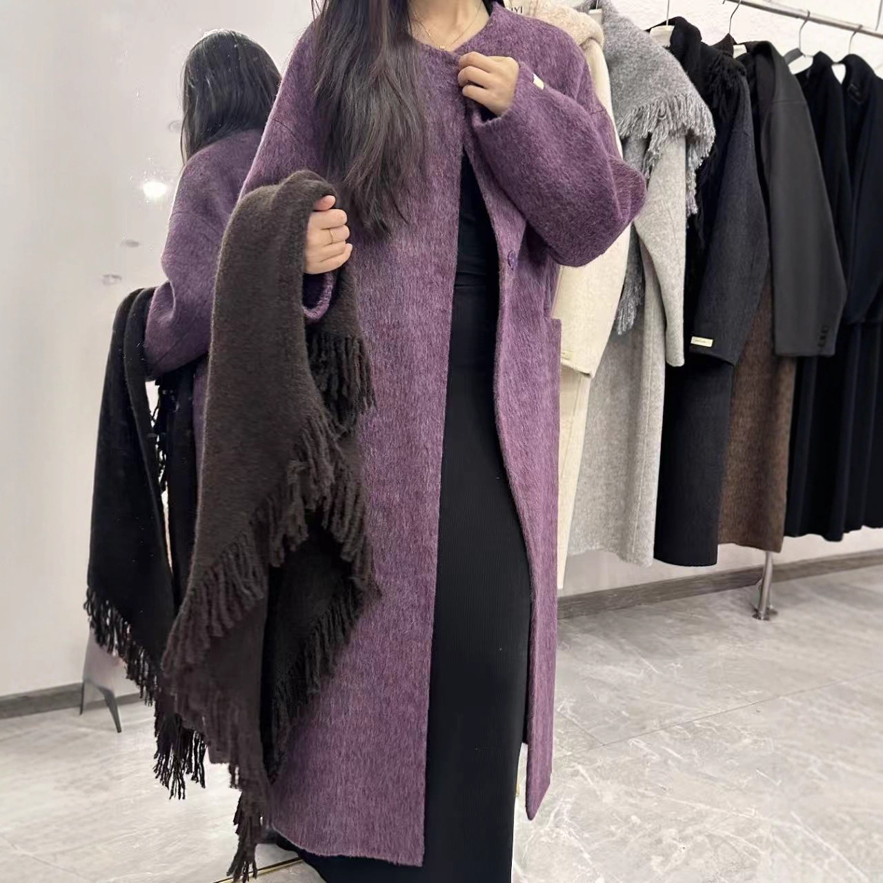 PRISCA高奢羊驼绒双面羊绒大衣女淑女高级感阔版围巾两件套慵懒风