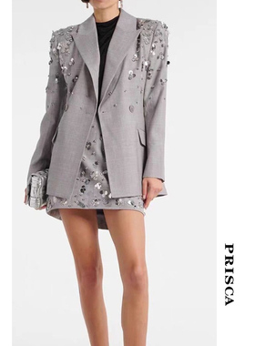 PRISCA  2025春秋新款灰色西装套裙重工订珠亮片时尚短裙套装