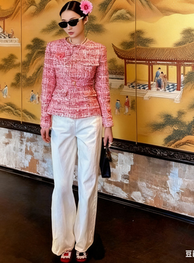 PRISCA2025秋冬新款女装粉色粗花呢小香风短外套毛呢外套名媛风