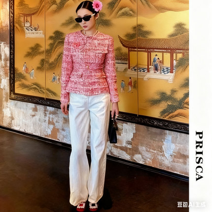 PRISCA2025秋冬新款女装粉色粗花呢小香风短外套毛呢外套名媛风