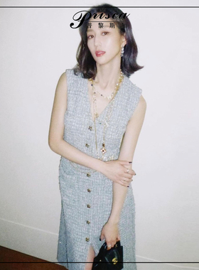 2025春夏新款小香风粗花呢无袖背心连衣裙女气质名媛中长款裙子