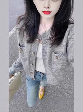 哥家同款秋冬新款女装针织开衫时尚百搭灰色毛衣小香风外套上衣