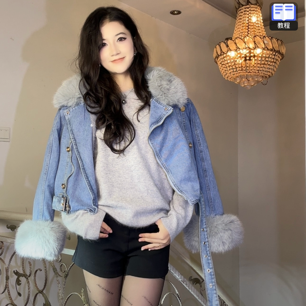 2025秋冬新款可拆卸仿狐狸毛小兔毛内胆牛仔外套女短款上衣派