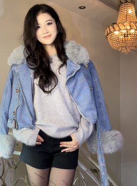 2025秋冬新款可拆卸仿狐狸毛小兔毛内胆牛仔外套女短款上衣派