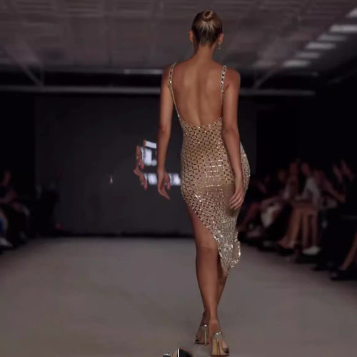 OHPOLLY24年秋冬性感名媛V领不规则欧美露背跨境定位裁片烫钻裙子