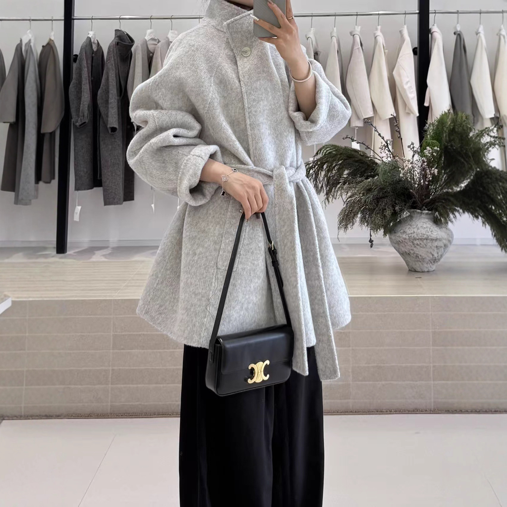 PRISCA 流星雨2025东大门秋冬立领高级宽松慵懒显瘦双面羊绒大衣