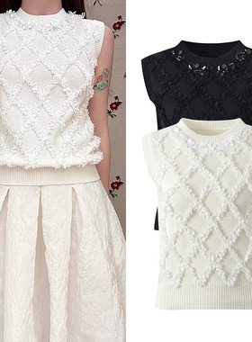 简约气质设计感无袖针织上衣2024夏甜美通勤菱格圆领白色背心