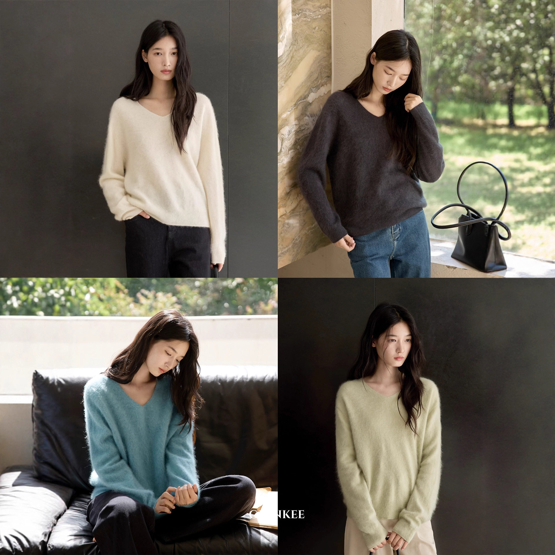 PRISCA/慵懒羊毛羊绒V领套头拉毛毛衣女秋无缝一体针织衫上衣