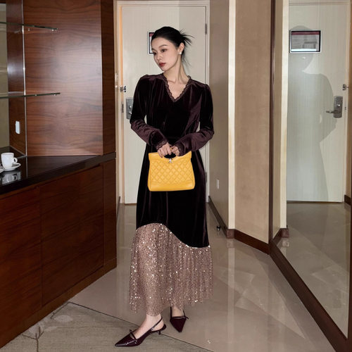 【诠释】NEWOPEN25冬法式优雅气质重工亮片晚礼服丝绒连衣裙F6873