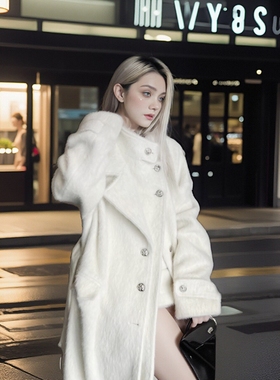 PRISCA2024秋冬新款呢大衣女高级感韩系白色气质长款外套私人定制
