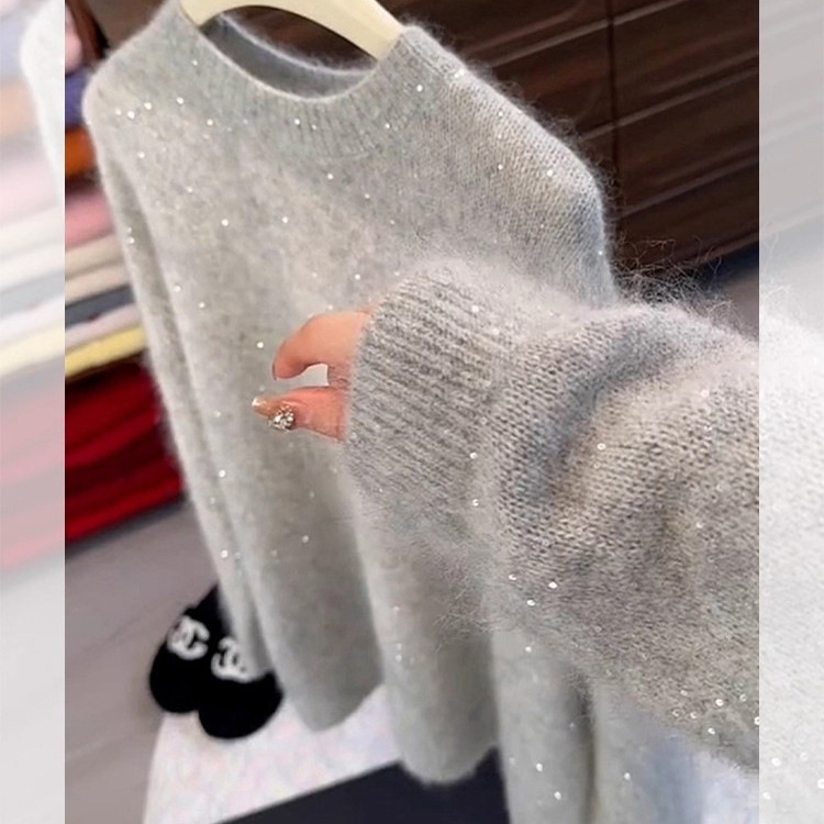 PRISCA/韩气穿搭上衣独特超好看软糯慵懒风灰色圆领细闪针织衫女