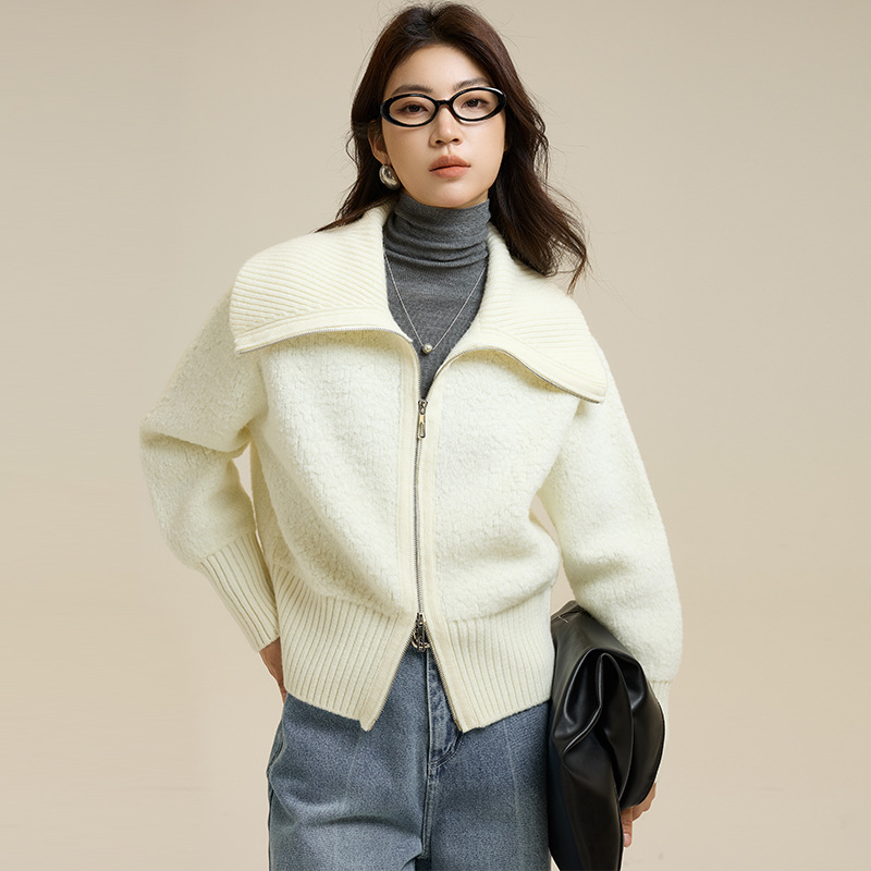 PRISCA圈圈纱纯羊毛外套女拉链针织开衫秋冬慵懒花纱毛衣翻领上衣