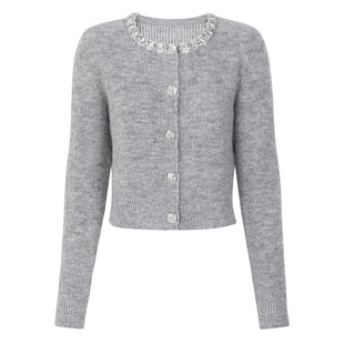 品质长袖 开衫 短款 上衣时尚 外套 钉珠圆领针织衫 25225现货春秋新款