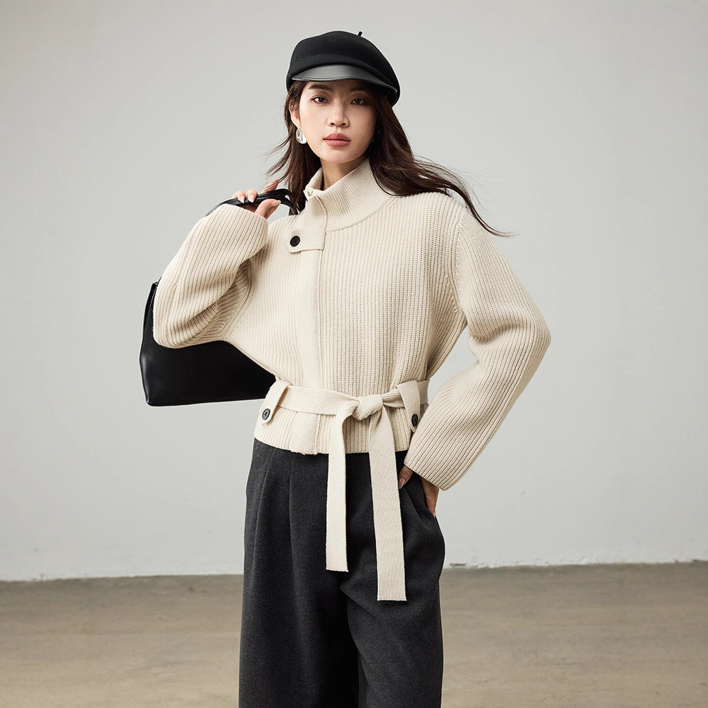 PRISCA设计感纯羊毛衫系带针织开衫25新款女装秋冬显瘦毛衣女外套