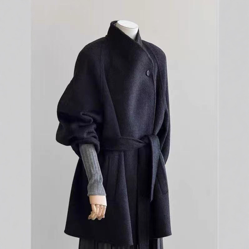 PRISCA中长2025新款韩版极简风阔版经典百搭时尚双面羊毛大衣系带
