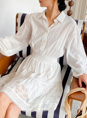 2025春新款白色衬衣裙女长袖法式设计感连衣裙度假风跨境女装