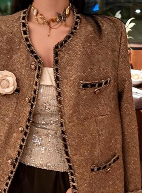 25ss秋季复古千金小香风流光气质双口袋毛混纺老钱粗花呢外套女