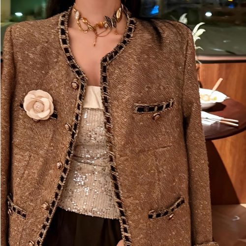 25ss秋季复古千金小香风流光气质双口袋毛混纺老钱粗花呢外套女