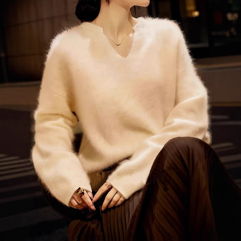 PRISCA /康赛妮100纯山羊绒拉绒V领毛衣一体成型拉毛上衣宽松