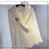 25秋冬白色小香风羊毛呢外套西装 领女士风衣珍珠扣精品高档流苏C