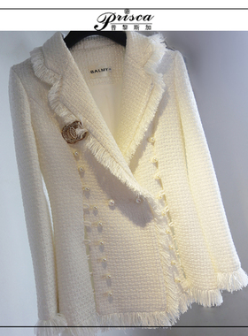 25秋冬白色小香风羊毛呢外套西装领女士风衣珍珠扣精品高档流苏C