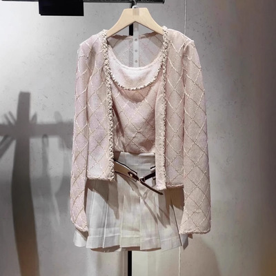 PRISCA/法式气质小香风粉色针织衫吊带两件套装女2025初春上衣