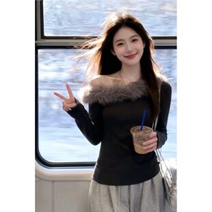 灰色毛领斜肩针织衫女秋冬季独特漂亮修身内搭打底衫气质露肩上衣