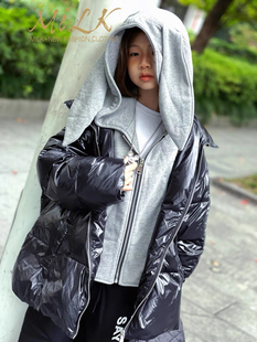 儿童亮面免洗羽绒服女童兔耳朵假两件保暖高充绒量三防童装 外套