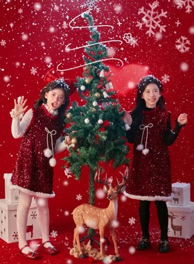 圣诞跨年bi备女童亮片加绒背心裙红色蝴蝶结发夹