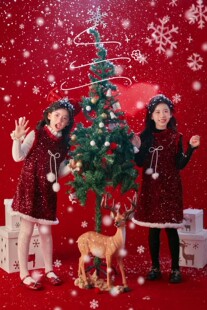 圣诞跨年bi备女童亮片加绒背心裙红色蝴蝶结发夹