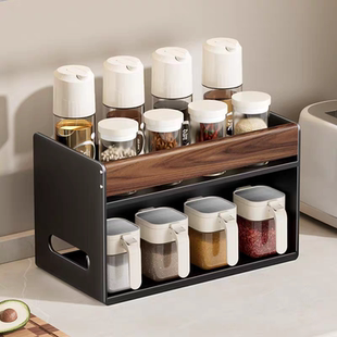 胡桃木调料厨房置物架台面中古风家用油壶调味料瓶罐多功能收纳架