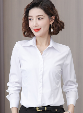 V领长袖白色衬衫女士职业正装秋冬新款气质宽松工作服蓝衬衣工装