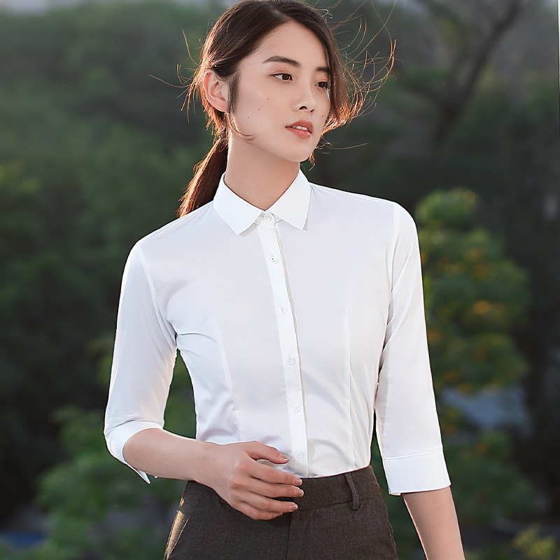 白衬衫女方领七分袖职业工装2026春夏气质正装面试工作服长袖衬衣,女装/女士精品,衬衫,淘宝优惠券,粉丝福利购,淘宝优惠卷