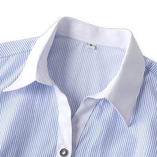 女士蓝色条纹马蹄袖衬衫夏季短袖v领工装韩版竖纹衬衣半袖工作服