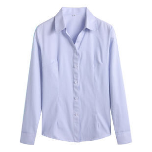 短袖蓝白条密文衬衫女士夏季竹纤维免烫上班面试职业工装长袖衬衣