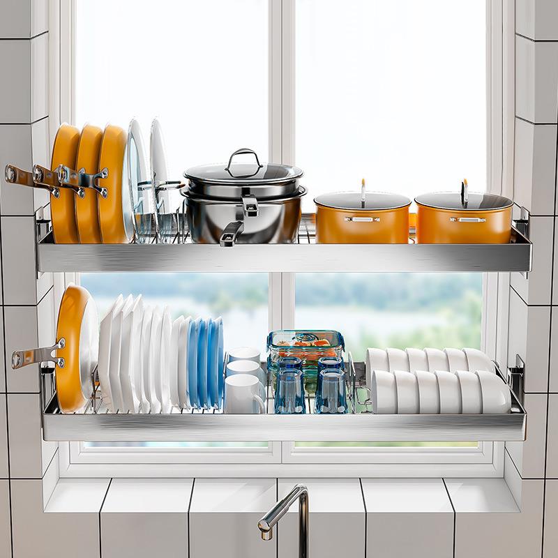 免打孔不锈钢厨房窗台置物架壁挂式碗架沥水架水槽碗碟锅具收纳架