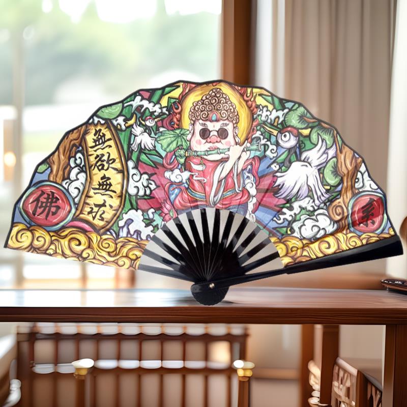 国朝扇子8寸学生古风塑料扇绢布折扇插画风折叠扇酒吧蹦迪扇