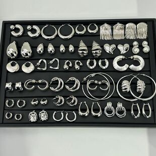 法式轻奢小众耳环正在找的想要的冷色调男朋友风银色系耳饰合集女