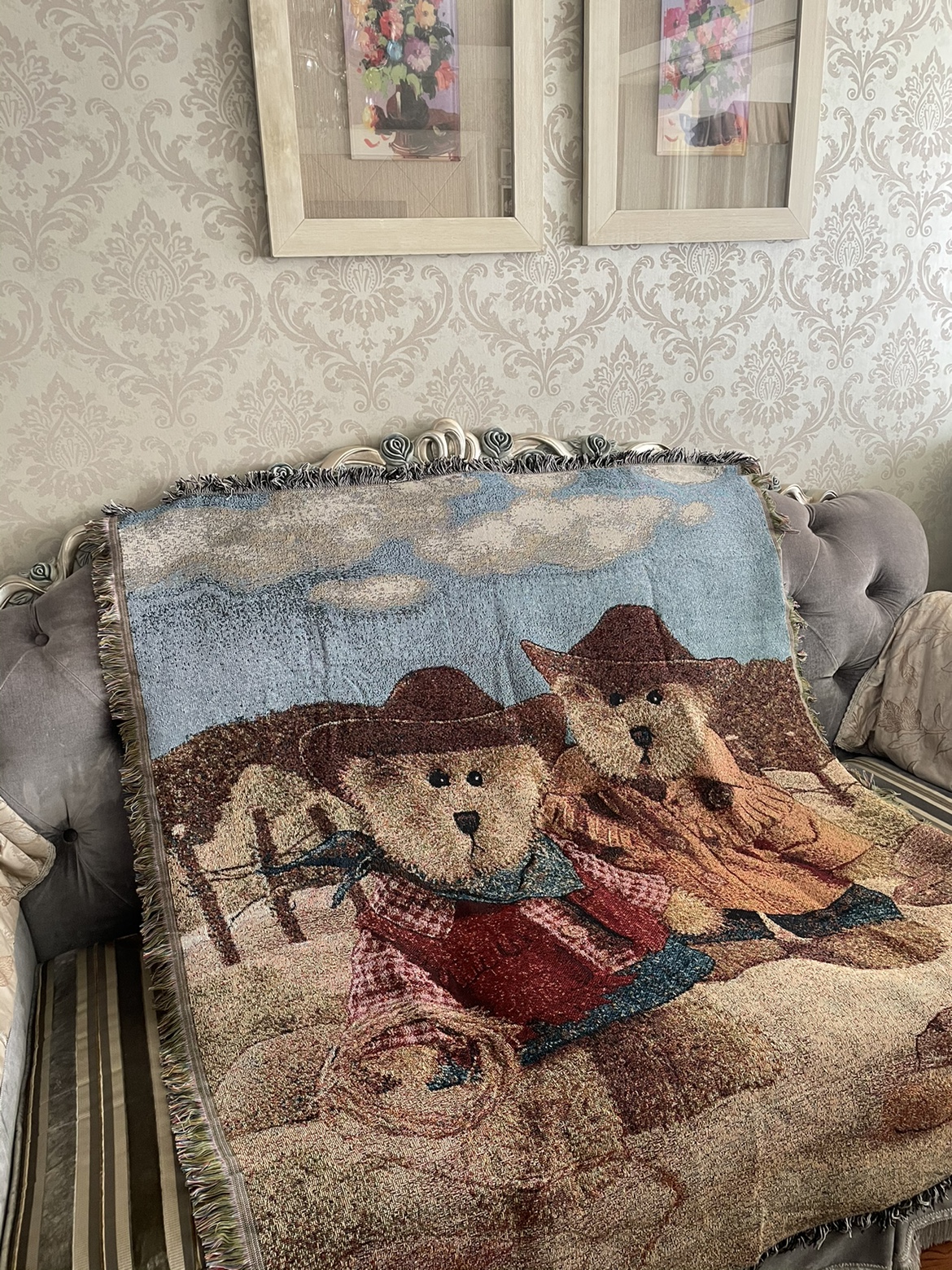 外贸新品美式卡通两只小熊挂毯盖毯沙发毯