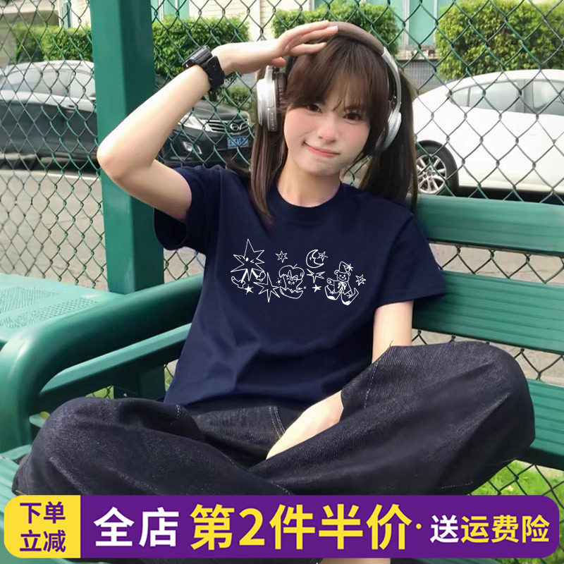 chic慵懒宽松藏蓝色短袖t恤女设计感斑点狗印花2025夏季半袖上衣