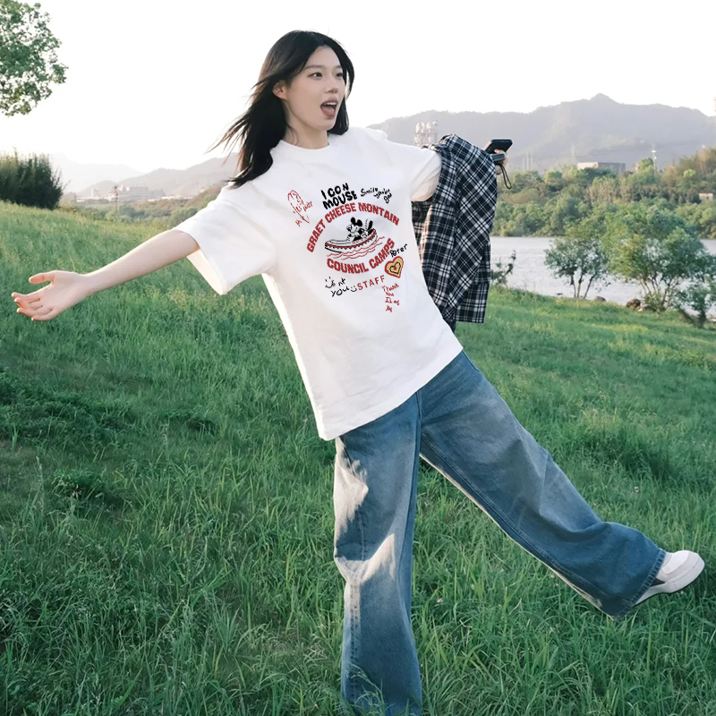 2025夏季新款设计感卡通印花白色正肩t恤女短袖宽松休闲纯棉上衣